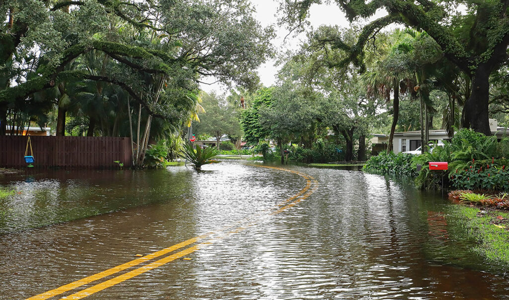 Neighborhood street with water flooding a few inches high on the road